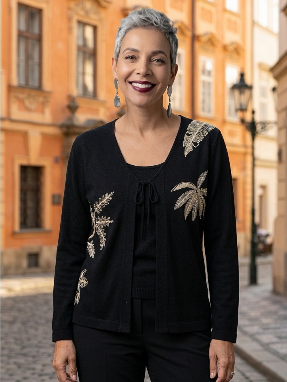 Josephine Chaus Sport Black Embellished Cardigan Beige Palm Leaves Beaded Small